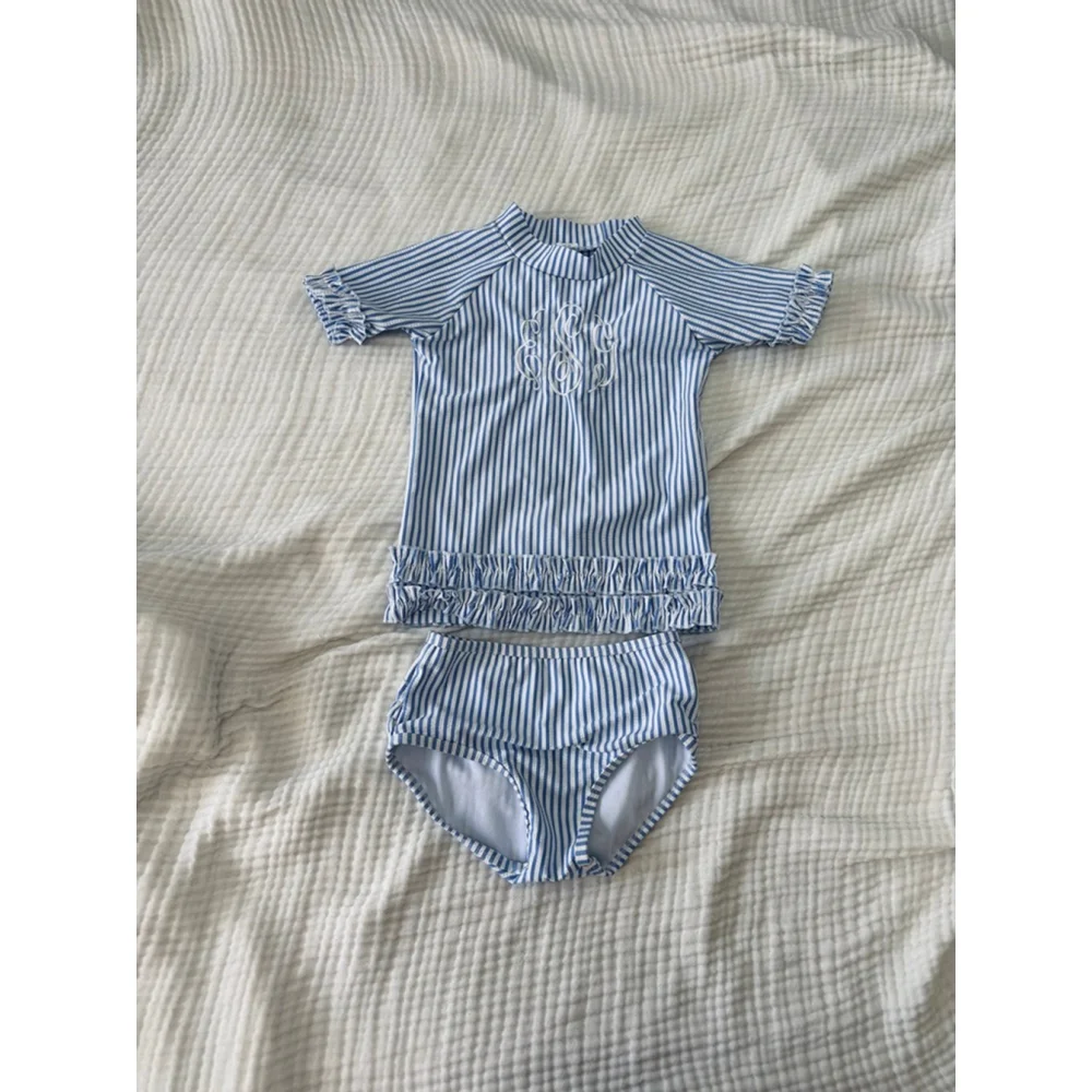 Girls RuffleButts Rashguard Swim Set 4T Blue White Striped